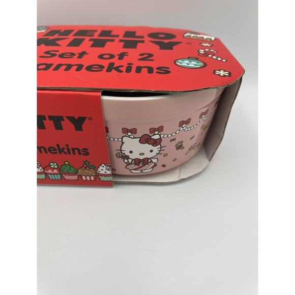 NEW Hello Kitty Ceramic Ramekins Dishes Set Of 2 Pink Candy Cane Dress - Picture 2 of 8